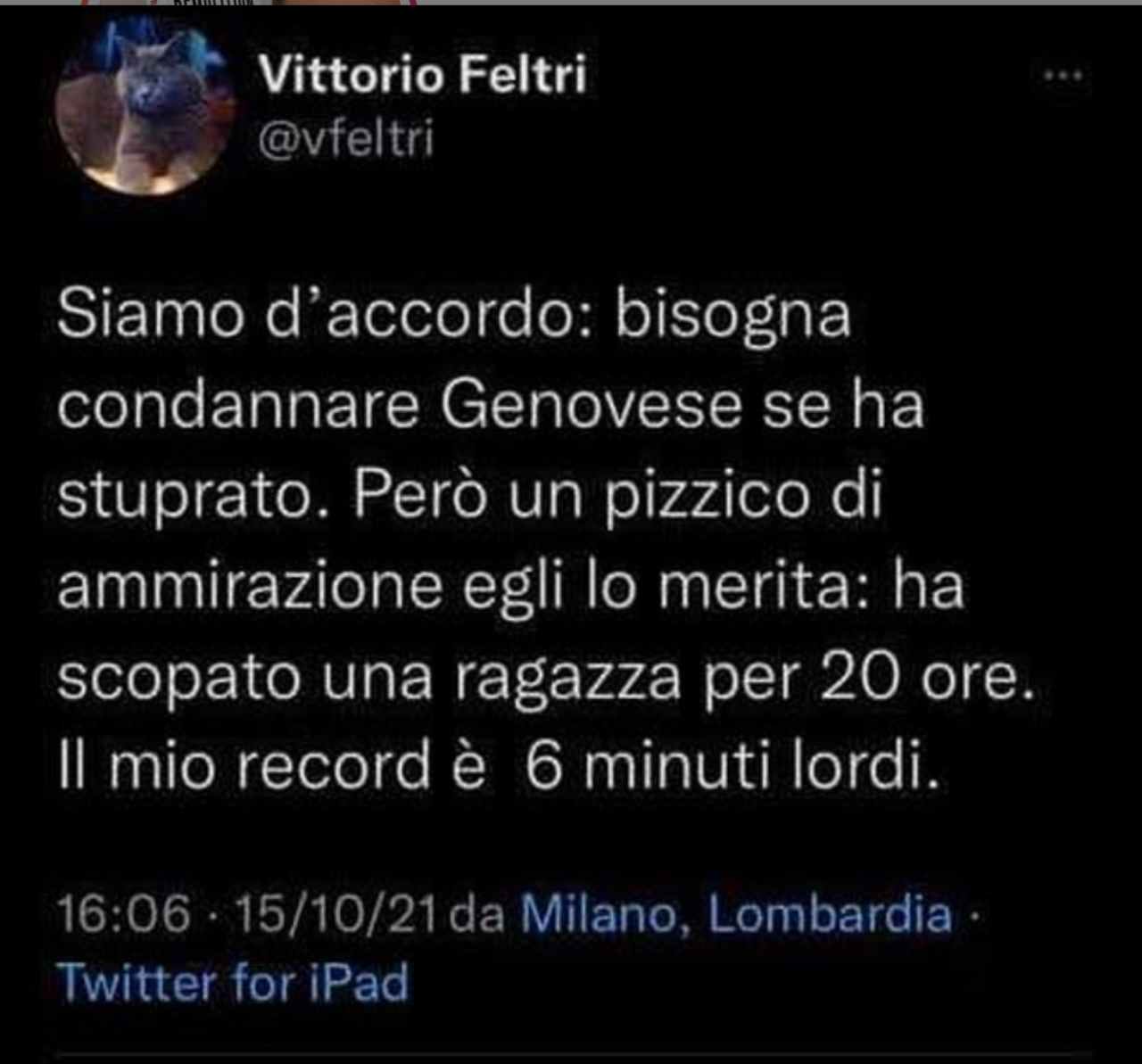 Il Tweet postato da Vittorio Feltri e poi rimosso