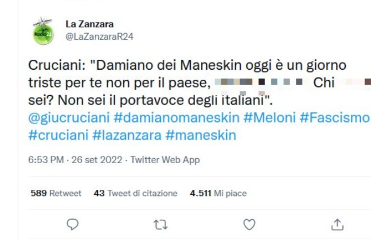 Il tweet di Cruciani contro Damiano dei Maneskin
