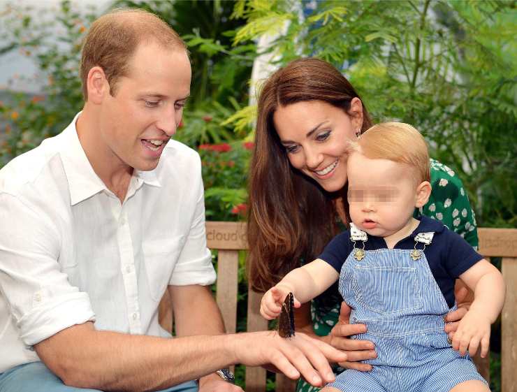 Kate ha in braccio George, William vicino con una farfalla posata sulla mano