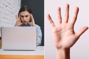 Collage mano e ragazza al pc con mal di testa