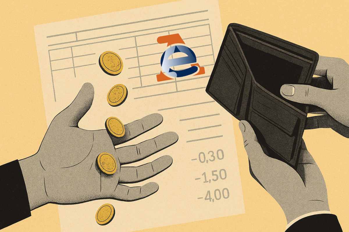 Illustrazione accertamenti agenzia delle entrate: mano con monete, portafoglio vuoto e documentazione