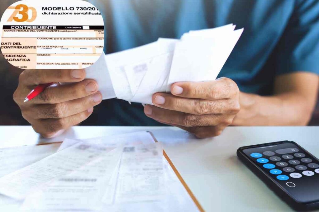 Uomo con scontrini calcolatrice e icona modello 730