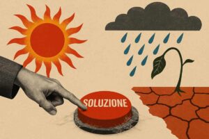 Illustrazione clima pioggia/sole e mano collage che schiaccia un tasto con scritto "soluzione"