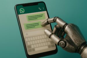Mano di un robot che chatta con lo smartphone su WhatsApp