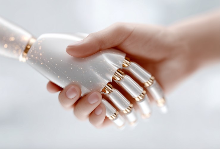 mano umana che stringe quella robotica