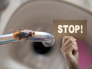 blatta su rubinetto e mano con cartello stop