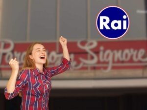 logo il paradiso delle signore, logo rai in icona e donna che esulta