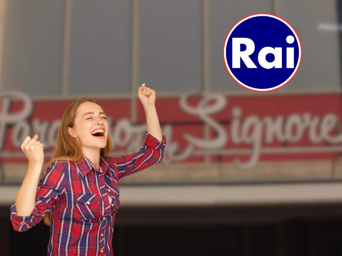 logo il paradiso delle signore, logo rai in icona e donna che esulta