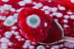 cucchiaio che prende marmellata con muffa