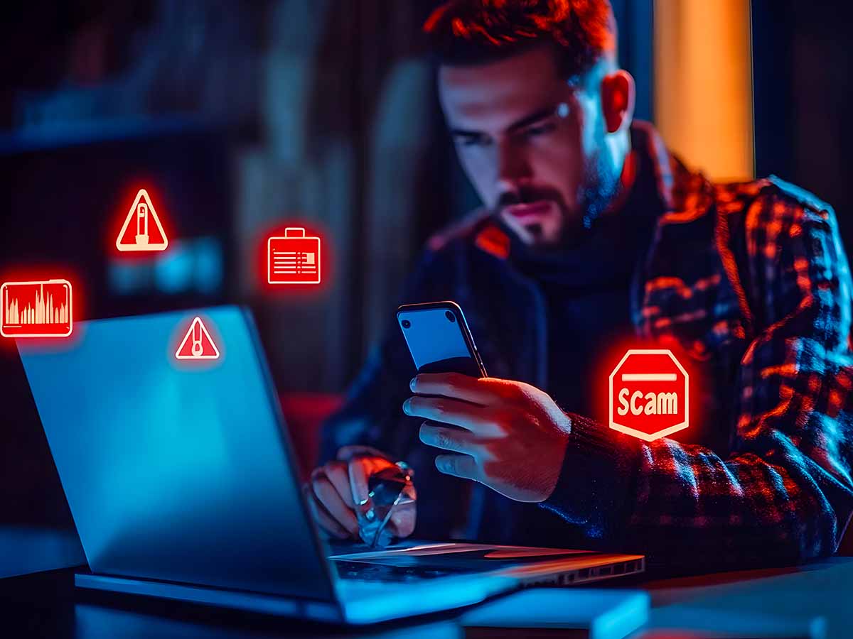 una persona al pc circondata da loghi di pericolo