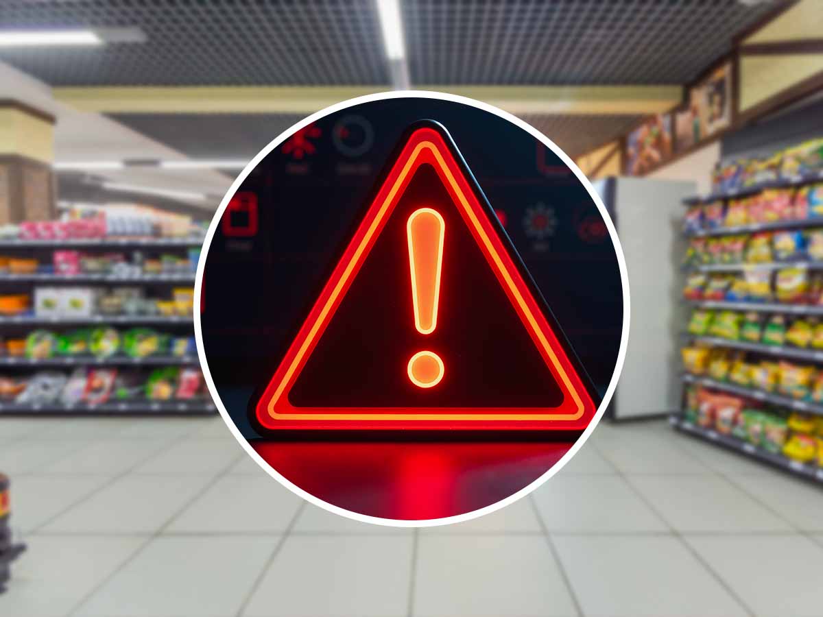 triangolo di pericolo con dietro un supermercato