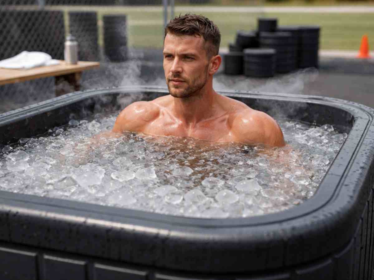 Sportivo in vasca di ghiaccio